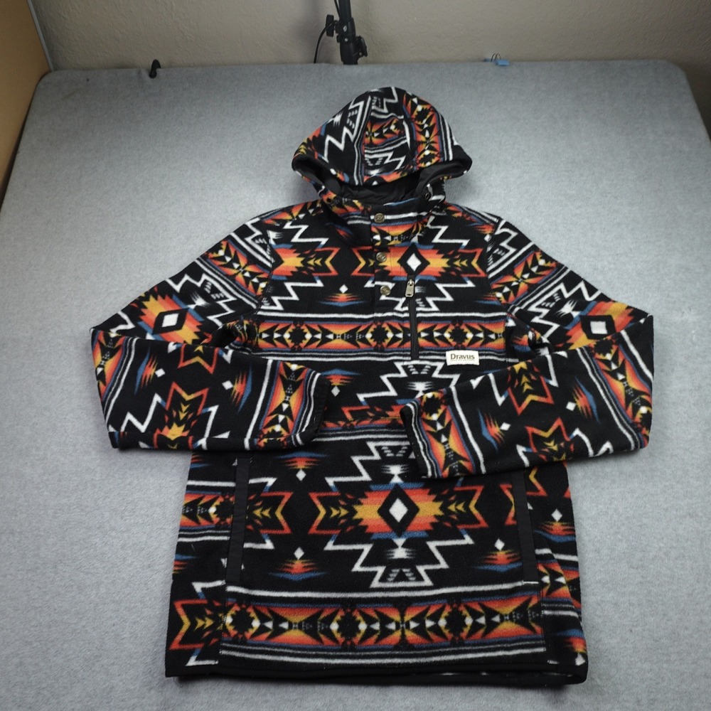 Dravus Hoodie‎ Mens Medium Black Aztec Fleece Southwestern Pullover Snap Neck